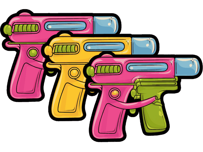 A row of three colorful squirt guns